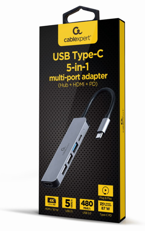 Gembird A-CM-COMBO5-03 base para portátil y replicador de puertos Alámbrico USB 3.2 Gen 1 (3.1 Gen 1) Type-C Plata