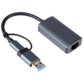 Adaptador BYL-2207 2 en 1 USB 3.0+Tipo-C a RJ45 Gris