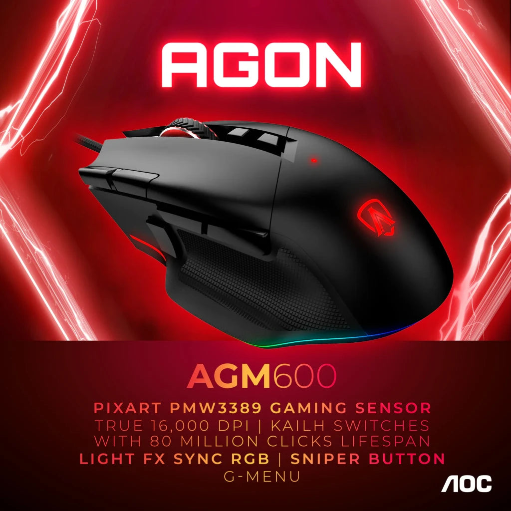 Ratón Gaming AOC AGON 16000 DPI RGB Negro AGM600B