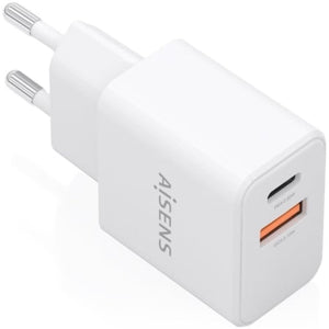 Cargador de Pared GaN Aisens A110-1025/ 1xUSB Tipo-C/ 1xUSB/ 20W/ Blanco