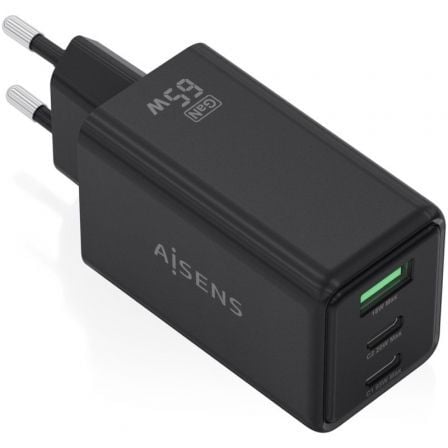Cargador de Pared GaN Aisens ASCH-65W3P073-BK/ 2xUSB Tipo-C/ 1xUSB/ 65W/ Negro