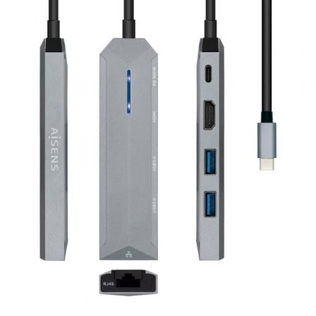 Docking USB Tipo-C Aisens ASUC-5P003-GR/ 1xHDMI 4K/ 2xUSB/ 1xRJ45/ 1xUSB Tipo-C PD/ Gris