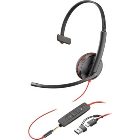 Auricular Poly Blackwire 3215 + 3.5mm + Adaptador USB-C/A/ con Micrófono/ Jack 3.5 - USB Tipo-C/ Bulk/ Negro