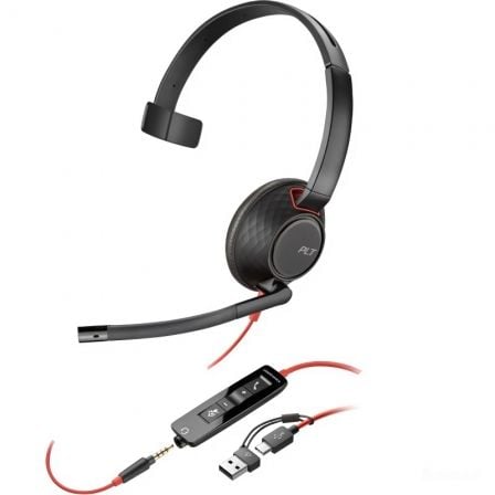 Auricular Poly Blackwire 5210 + 3.5 mm + Adaptador USB-C/A/ con Micrófono/ Jack 3.5 - USB Tipo-C/ Jack 3.5 - USB Tipo-C/ Bulk/ Negros