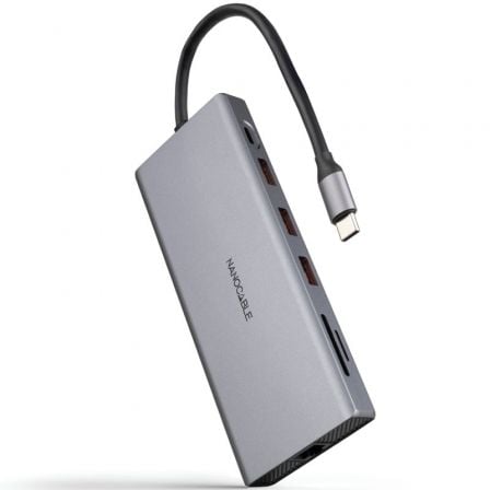 Docking Tipo-C Nanocable 10.16.4612/ 3xUSB/ 1xUSB Tipo-C/ 2xHDMI 4K/ 1xDisplayPort/ 1xRJ45/ 1xLector tarjetas/ 1xJack 3.5/ 1xUSB Tipo-C PD/ Gris