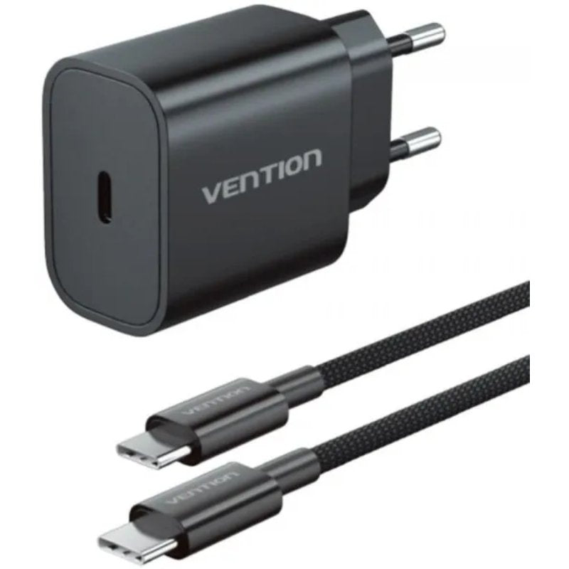 CARGADOR PARED 20W USB-C + CABLE USB-C A LIGHTNING NEGRO VENTION