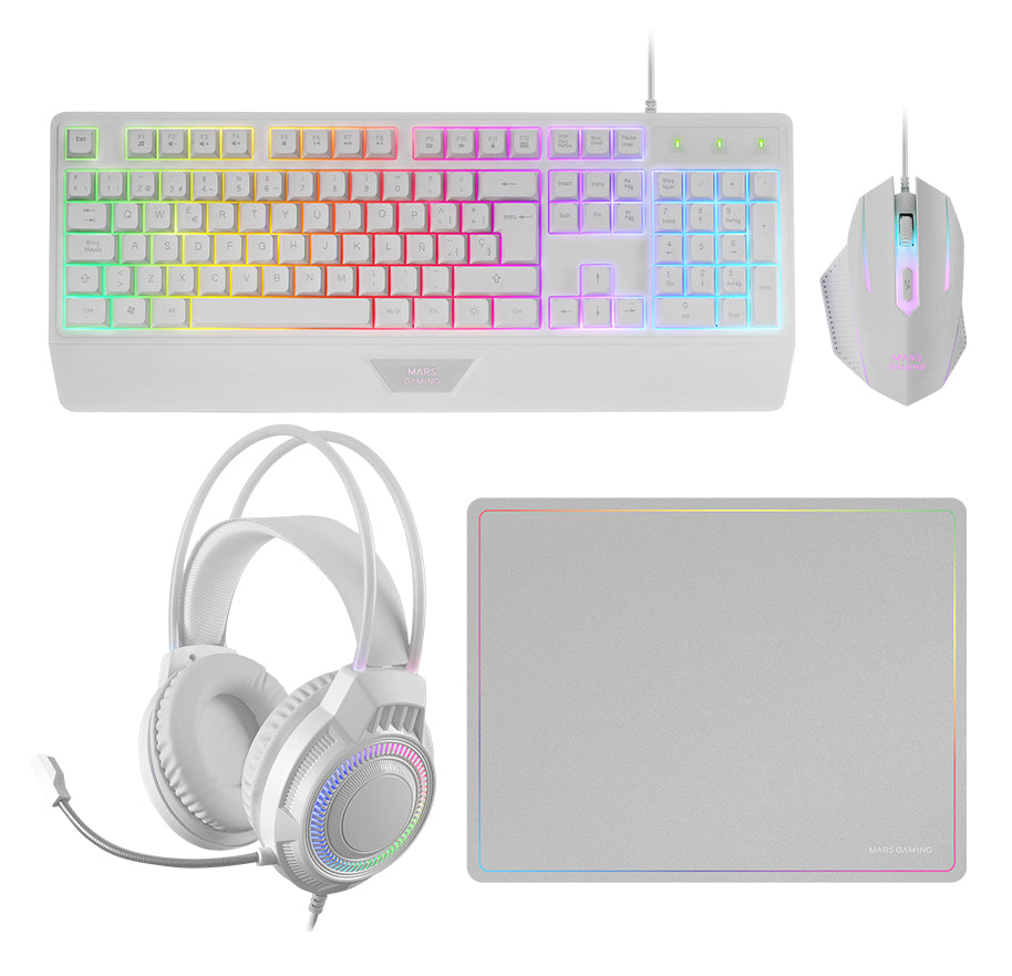 MCP124PRO, Combo Gaming 4en1, Teclado RGB H-Mech con Reposamuñecas, Ratón RGB 3200DPI y Switches HUANO, Auriculares FRGB, Alfombrilla Nanotextil 36x26cm, Multiplataforma, Español, Blanco