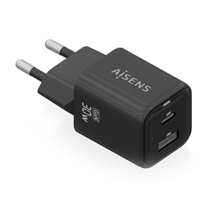 Cargador Gan 30W, 1xUSB-C PD3.0 QC4.0, 1xUSB-A QC3.0, Negro