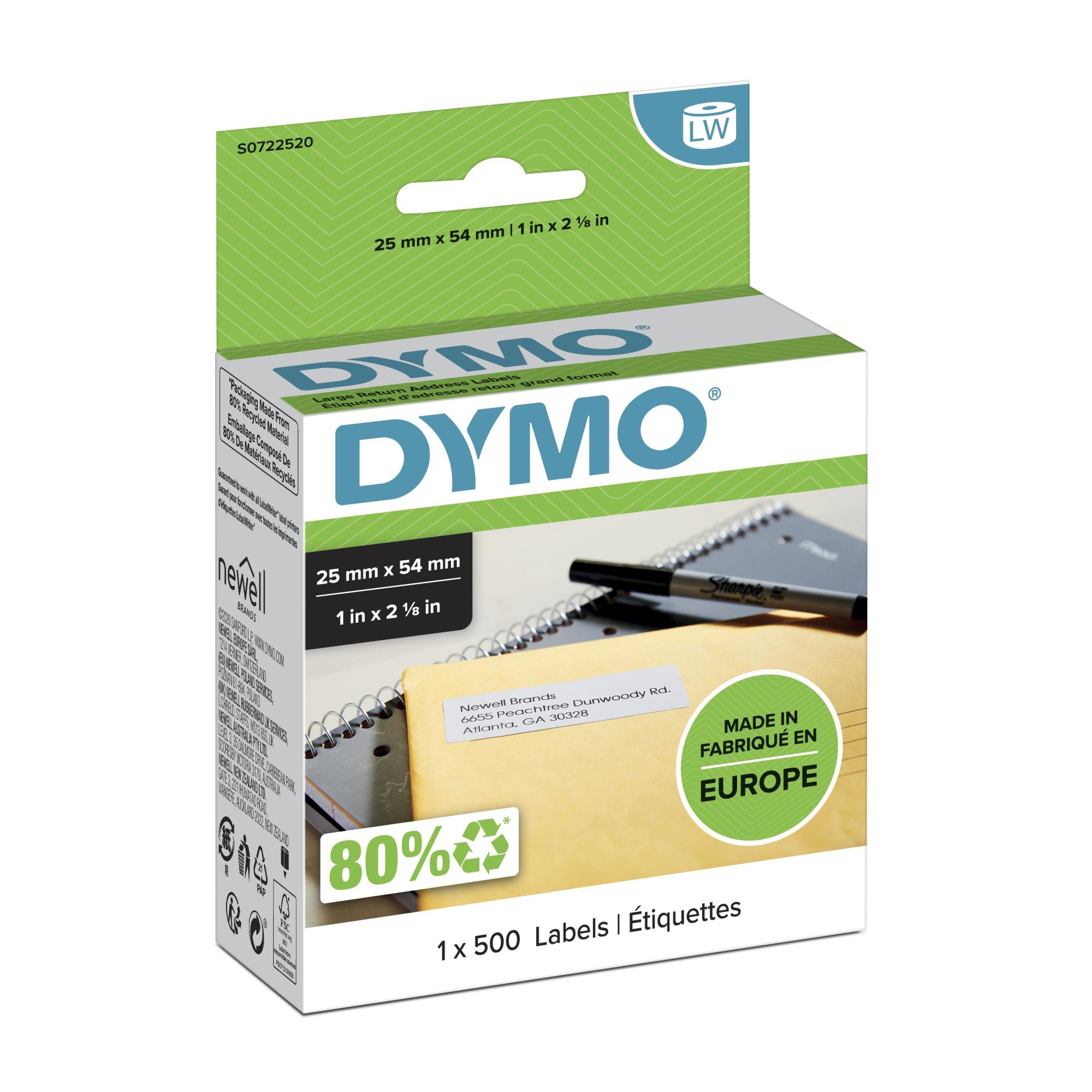 LW etiquetas auténticas de dirección del remitente | 25 mm × 54 mm | rollo de 500 etiquetas con reverso fácil de retirar | autoadhesivas | para etiquetadoras LabelWriter
