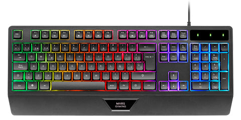 MK124, Teclado Ergonómico H-Mech, Reposamuñecas Integrado, Iluminación FRGB Rainbow, Teclado Gaming Antighosting Avanzado, Teclado PC Completo Multiplataforma, Idioma Español, Negro