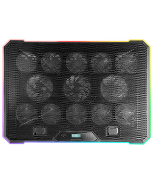 MNBC13, Base Refrigeradora y Stand para Portátiles Hasta 17, Iluminación ARGB 10 Modos, 13x Ventiladores con LED Blanco, Regulable 8 Posiciones, Pantalla LCD, Soporte Smartphone, Negro
