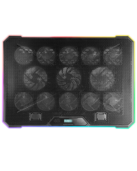 MNBC13, Base Refrigeradora y Stand para Portátiles Hasta 17, Iluminación ARGB 10 Modos, 13x Ventiladores con LED Blanco, Regulable 8 Posiciones, Pantalla LCD, Soporte Smartphone, Negro