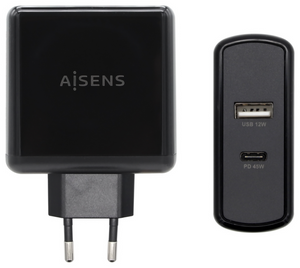AISENS ASCH-2PD45A-BK cargador de dispositivo móvil GPS, Mando para videojuegos, MP3, MP4, Teléfono móvil, Portátil, Smartphone, Tableta Negro Corriente alterna Carga rápida Interior