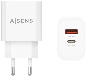 AISENS Cargador 20W, 1xUSB-C PD3.0, 1xUSB-A QC3.0, Blanco