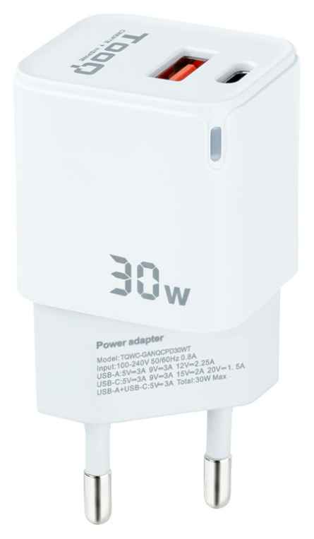 TooQ Cargador de Pared GaN USB-C/PD + USB-A/QC 30W, Blanco