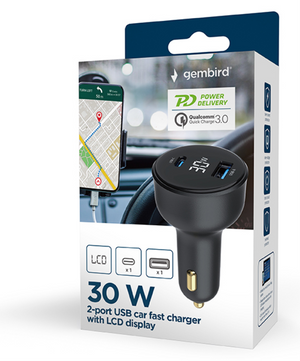 Gembird TA-UC-AC2PD30LCD-CAR-01 cargador de dispositivo móvil Universal Negro Encendedor de cigarrillos Carga rápida Auto