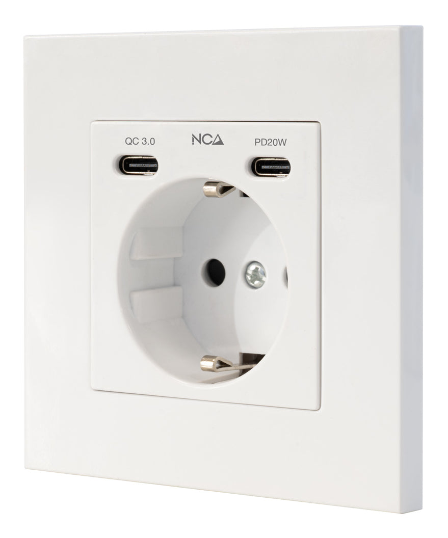 Base de enchufe de pared tipo schuko con 2 USB-C PD - Max. 3.4A, Blanco