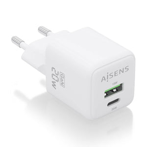 Cargador GaN 20W, 1xUSB-C PD3.0 QC4.0, 1xUSB-A QC3.0, Blanco