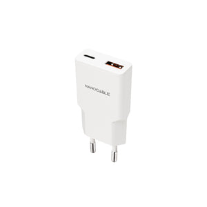 Cargador USB-C/PD 30W + USB-A/QC 30W, Blanco