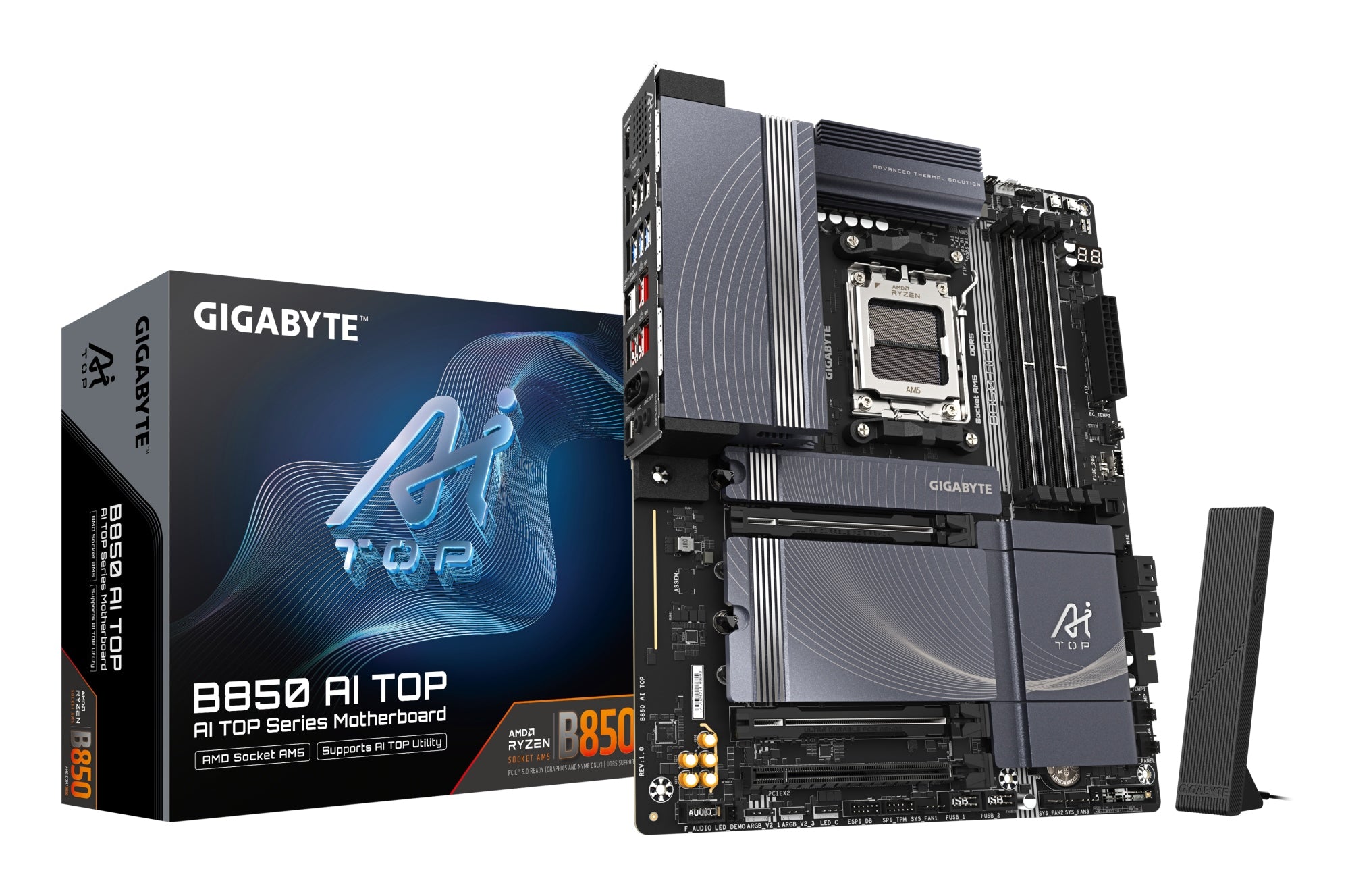 B850 AI TOP Placa Base - Procesadores AMD Ryzen Serie 9000, 16+2+2 fases VRM digitales, hasta 8600MHz DDR5 (OC), 2xPCIe 5.0 + 1xPCIe 4.0 M.2, LAN 10GbE, WIFI 7, USB 3.2 Gen 2x2
