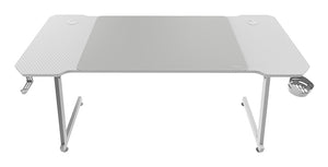 MGD-X140, Mesa Gaming Ergonómica, Superficie en Fibra de Carbono, Estructura Metálica, Alfombrilla XXL, Soporte Auriculares y Bebida, Gestión Cableado, Escritorio PC 140x60cm, Blanco