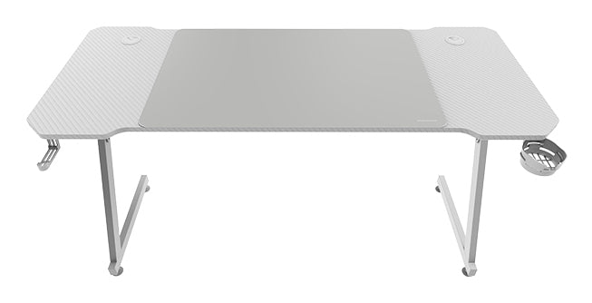 MGD-X140, Mesa Gaming Ergonómica, Superficie en Fibra de Carbono, Estructura Metálica, Alfombrilla XXL, Soporte Auriculares y Bebida, Gestión Cableado, Escritorio PC 140x60cm, Blanco