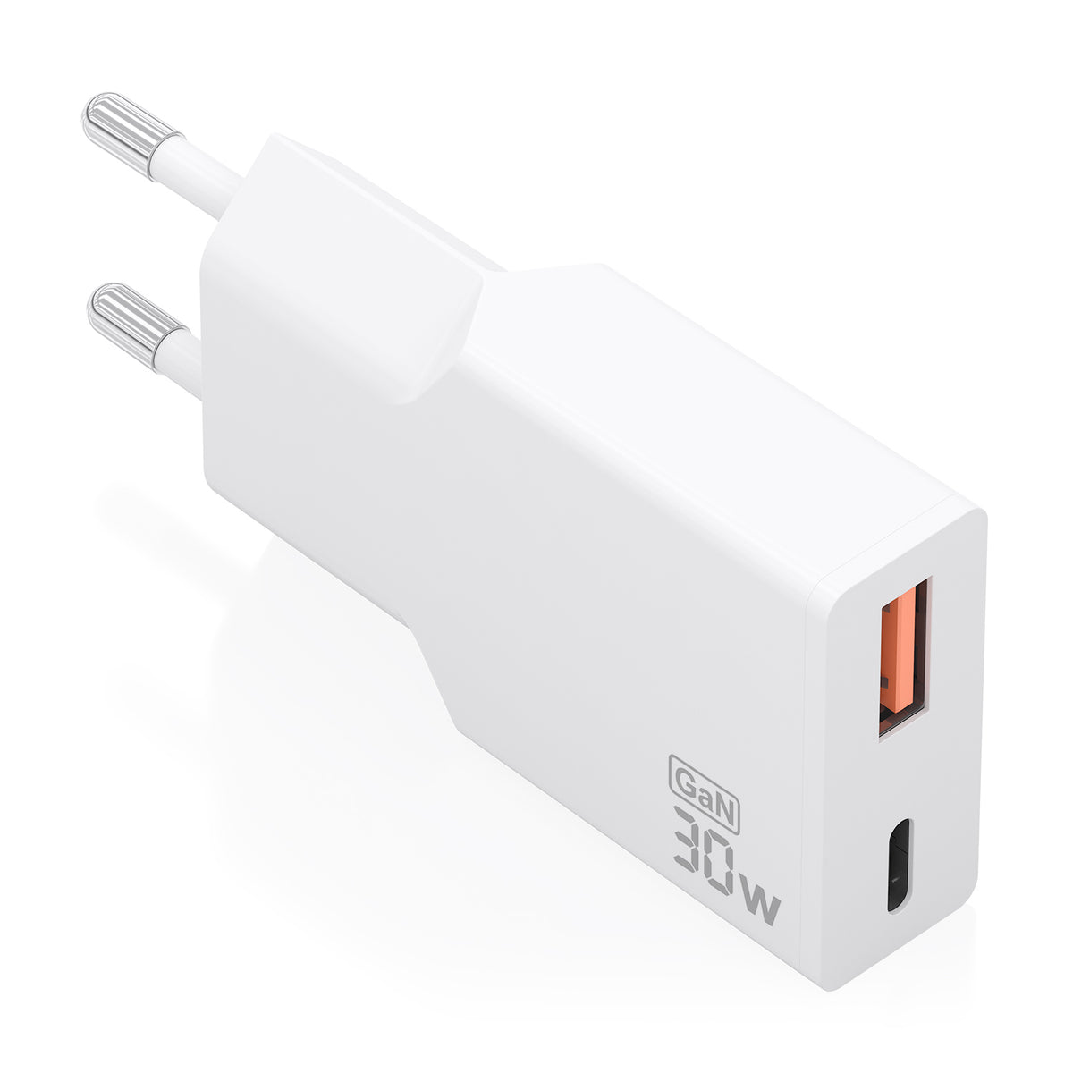 Cargador Ultra Delgado GaN 30W, 1xUSB-C PD3.0 QC4.0, 1xUSB-A QC3.0, Blanco