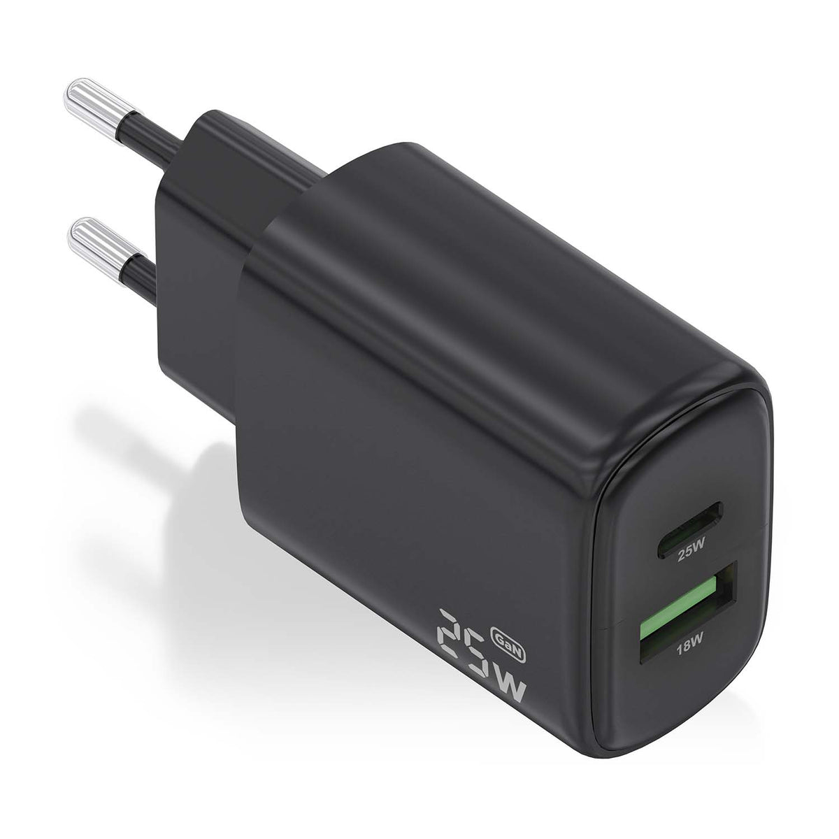 Cargador GaN 25W, 1xUSB-C PD3.0, 1xUSB-A QC3.0, Negro