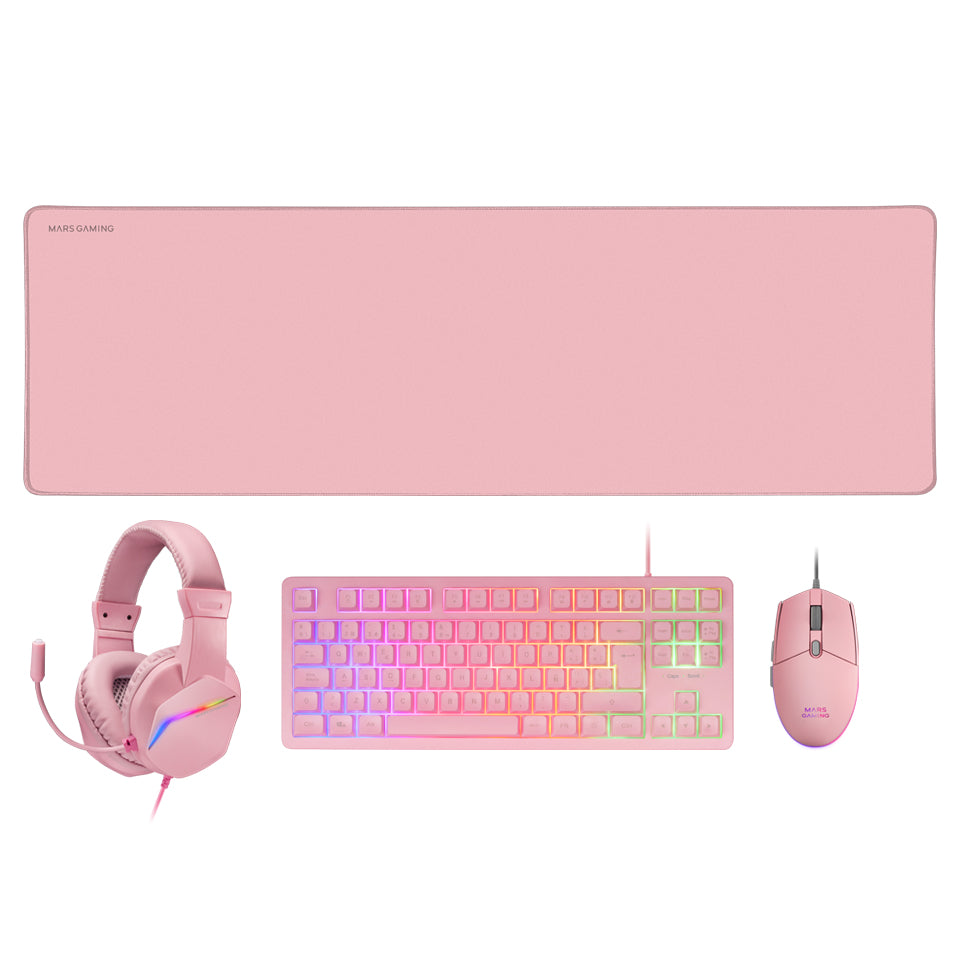 MCP-RGB3, Pack Gaming Teclado Fixed RGB + Ratón Gaming RGB Flow 3200 DPI + Auriculares Over-Ear RGB + Alfombrilla XXL, Rosa, Idioma Español