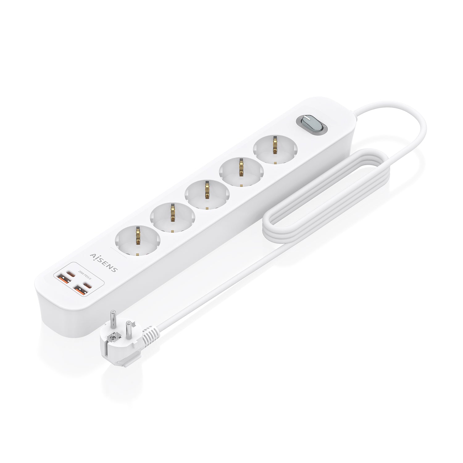 Regleta de Enchufes Multifuncion con 5 Tomas + Cargador PD3.0 20W 2xUSB-C, 2xUSB-A, 1.4m, Blanco