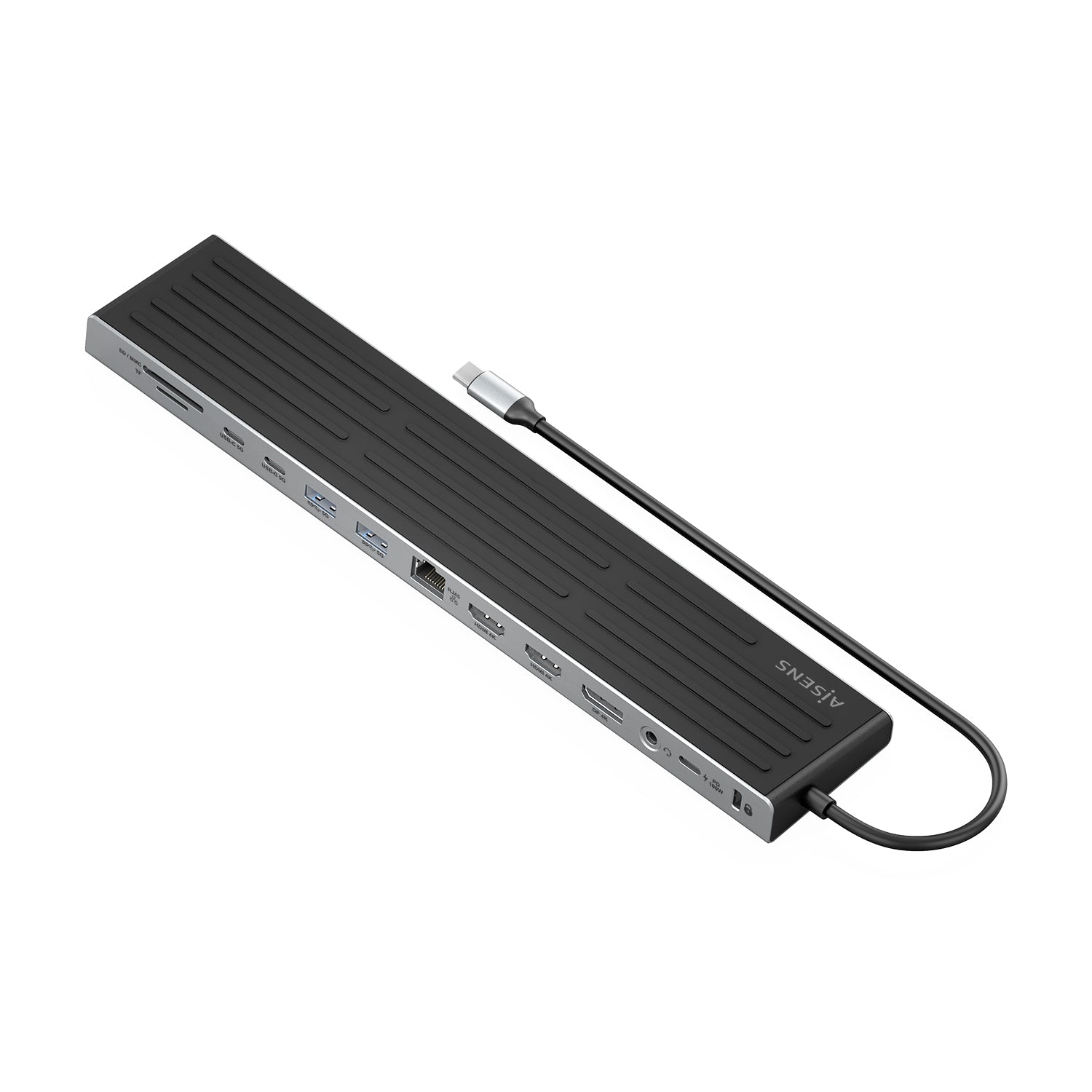 USB-C Dock 13 en 1, USB-C A 2xHDMI, 1xDisplayPort, 1xRJ45, 3xUSB-A, 2xUSB-C, 1xUSB-C PD, 1xSD, 1xMicro SD, 1xAudio, 1xRanura Kensington, 30cm