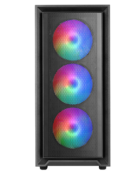 MC-AIR, Caja Gaming ATX, 4x Ventiladores FRGB Rainbow 120mm, Panel Frontal Mesh, Ventana Lateral Completa Cristal Templado, Semitorre PC Doble Cámara, Soporte Refrigeración Líquida, Negro