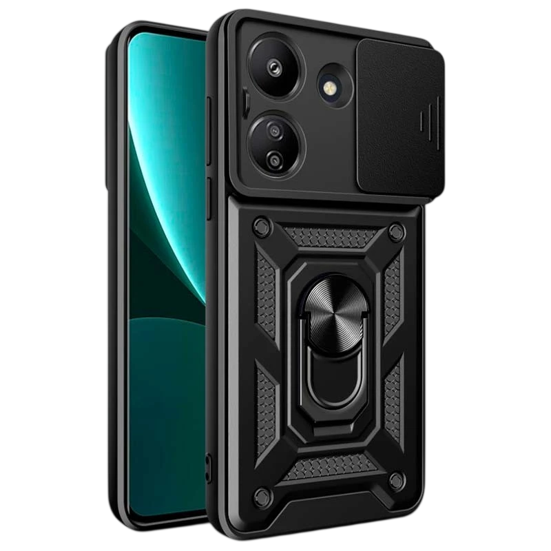 Funda Armadura Militar para Xiaomi Redmi 13C / Poco C65 / Poco M6 5G con Protección de Cámara, Soporte Metálico y Anillo Negro