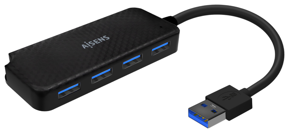 AISENS Hub USB 3.0, Tipo A/M-4x Tipo A/H, Negro, 15cm