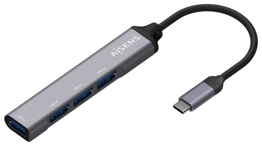 AISENS Hub USB 3.1 USB-C, Tipo C/M - 4x Tipo A/H, Gris, 10 cm
