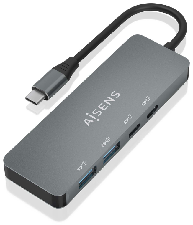 AISENS Hub USB 3.2 Gen2 10G USB-C, USB-C/M-2xUSB-C/H-2xUSB-A/H, Gris, 15cm