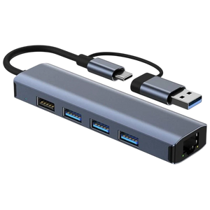 Hub USB BYL-2208 5 en 2 USB 3.0+Tipo-C/RJ45 (Gigabit)+USB 3.0+2.0 Gris