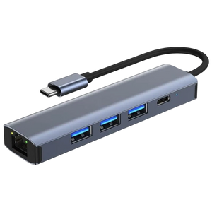 Hub USB BYL-2302 5 en 1 USB Tipo-C/USB 3.0+Tipo C 100W+RJ45 Gris