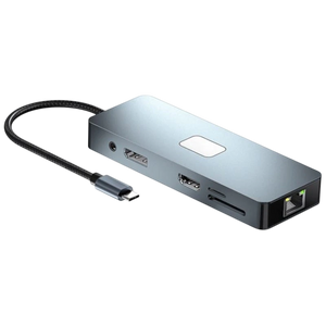 Hub BYL-2309 11 en 1 USB Tipo-C a HDMI/microUSB/VGA/RJ45/USB3.2/Jack 3.5mm/USB Tipo C 100W Plata