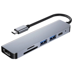 Hub USB BYL-2010 6 en 1 USB Tipo-C/HDMI+USB 3.0+USB 2.0+Tipo C+microSD+TF Gris