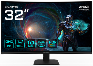 GIGABYTE GS32QCA 31.5" Monitor Curvo para Gaming QHD - 2560 x 1440, 180Hz, 1ms, 250 cd/m², FreeSync, HDR Ready, HDMI 2.0, DisplayPort 1.4
