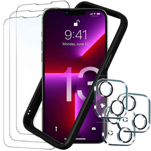 Pack de Accesorios iPhone 13 con 3 Protectores de pantalla + 3 Protectores de cámara + Funda Bumper